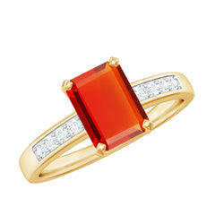 Emerald Cut Real Fire Opal Solitaire Engagement Ring with Diamond
