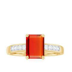 Emerald Cut Real Fire Opal Solitaire Engagement Ring with Diamond
