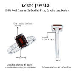 Certified Natural 6X8mm Garnet Emerald Cut Engagement Ring with Diamond