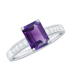 Octagon Cut Amethyst Solitaire Engagement Ring with Diamond Side Stones