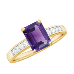 Octagon Cut Amethyst Solitaire Engagement Ring with Diamond Side Stones
