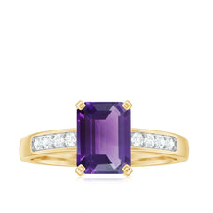Octagon Cut Amethyst Solitaire Engagement Ring with Diamond Side Stones