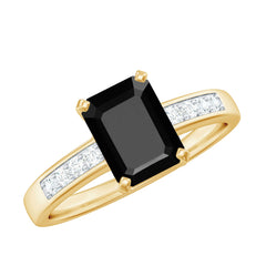 6X8mm Emerald Cut Black Onyx Engagement Ring with Diamond