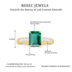 Octagon Lab Grown Emerald Solitaire Engagement Ring with Diamond