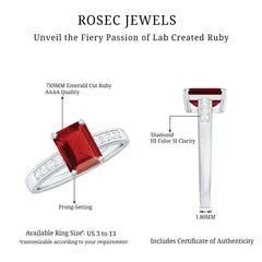 Lab Grown Ruby Emerald Cut Engagement Ring with Real Diamond