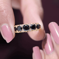 Vintage Inspired Black Onyx 5 Stone Anniversary Ring with Certificate