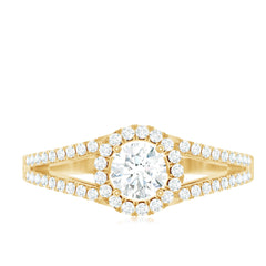 Womens Moissanite Halo Engagement Ring with Split Shank