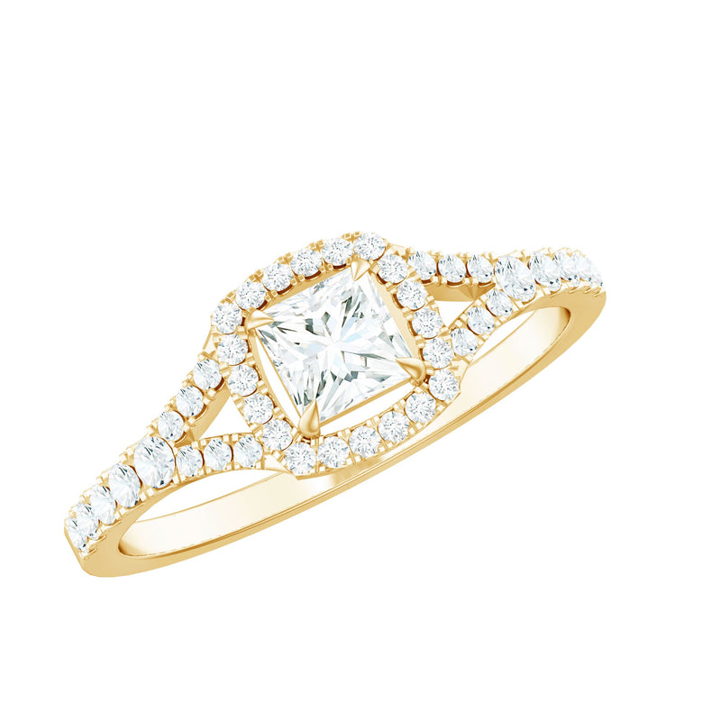 Princess Cut Moissanite Halo Engagement Ring with Split Shank