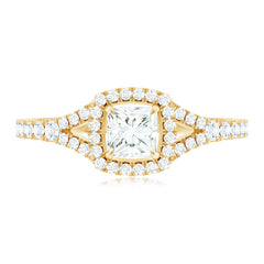 Princess Cut Moissanite Halo Engagement Ring with Split Shank