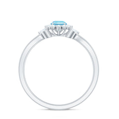 Natural Aquamarine Flower Promise Ring with Diamond