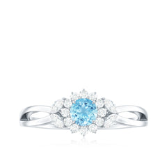 Natural Aquamarine Flower Promise Ring with Diamond