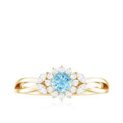 Natural Aquamarine Flower Promise Ring with Diamond