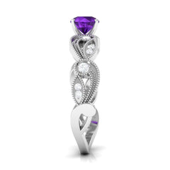 Antique Style Amethyst and Diamond Engagement Ring with Beaded Detailing