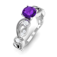 Antique Style Amethyst and Diamond Engagement Ring with Beaded Detailing
