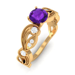 Antique Style Amethyst and Diamond Engagement Ring with Beaded Detailing