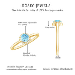 Certified Real Aquamarine Promise Ring with Diamond Halo