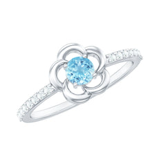 Natural Aquamarine Diamond Flower Promise Ring with Certificate