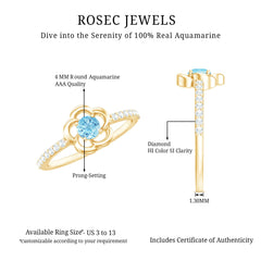 Natural Aquamarine Diamond Flower Promise Ring with Certificate