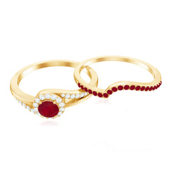 Natural Ruby Diamond Wedding Engagement Ring Set for Women