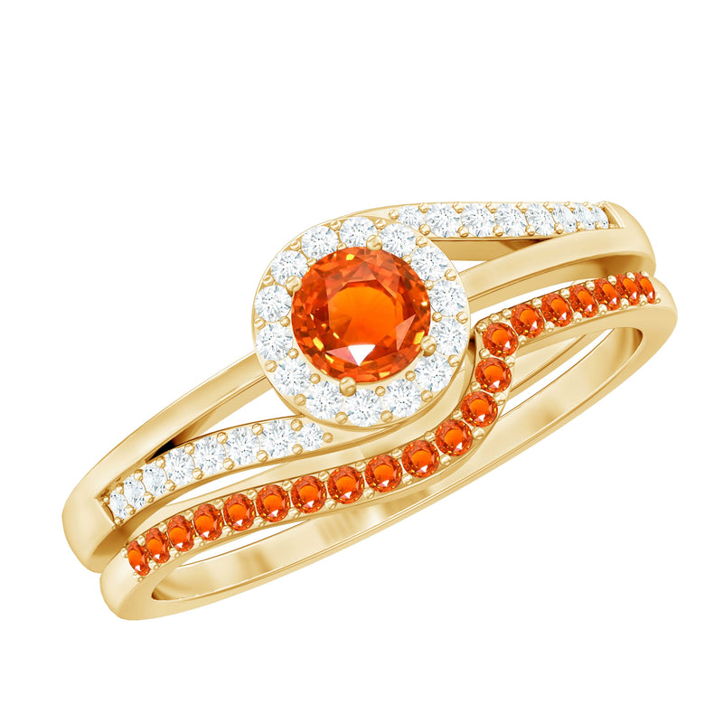 Certified Lab Grown Orange Sapphire Engagement Ring with Diamond Wedding Band