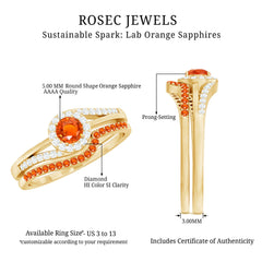 Certified Lab Grown Orange Sapphire Engagement Ring with Diamond Wedding Band