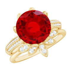 Lab Grown Ruby Flower Bridal Engagement Ring Set with Moissanite