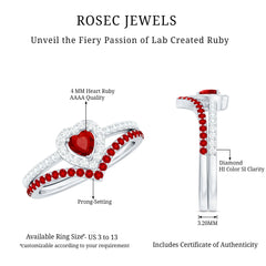 Lab Created Ruby and Diamond Heart Wedding Ring Set