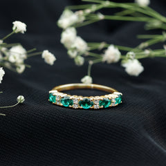 Oval Created Emerald East West Half Eternity Ring with Diamond