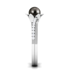 Tahitian Pearl and Diamond Flower Bypass Ring