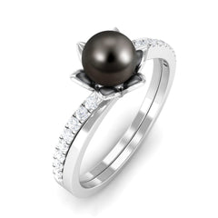 Tahitian Pearl and Diamond Flower Bypass Ring