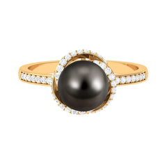 Simple Tahitian Pearl Solitaire Ring with Diamond Swirl