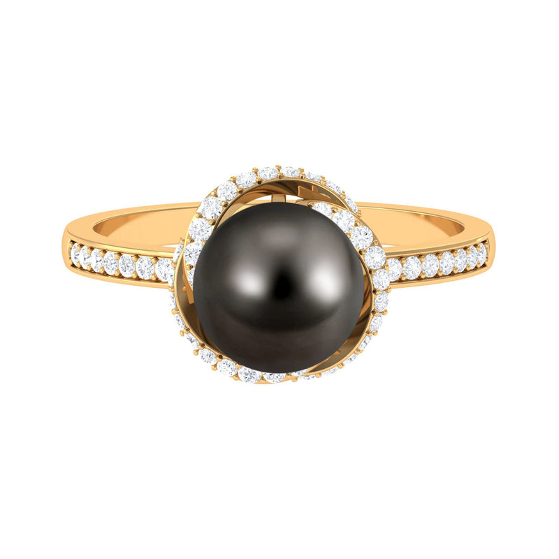 Simple Tahitian Pearl Solitaire Ring with Diamond Swirl