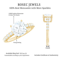 Solitaire Moissanite Cushion Cut Engagement Ring with Side Stones