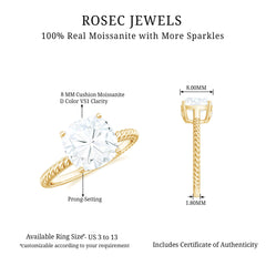 Cushion Cut Moissanite Solitaire Engagement Ring with Twisted Rope
