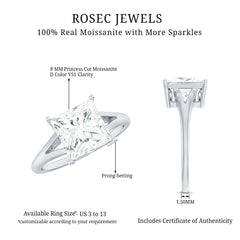 Certified 8 MM Moissanite Princess Cut Engagement Ring with Split Shank