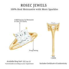 Certified 8 MM Moissanite Princess Cut Engagement Ring with Split Shank