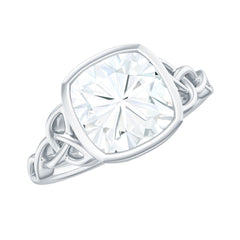 Cushion Cut Moissanite Solitaire Celtic Knot Ring in Bezel Setting