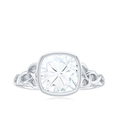Cushion Cut Moissanite Solitaire Celtic Knot Ring in Bezel Setting