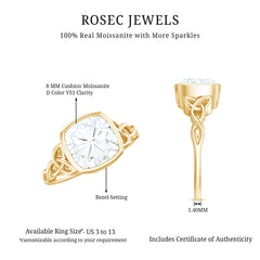 Cushion Cut Moissanite Solitaire Celtic Knot Ring in Bezel Setting