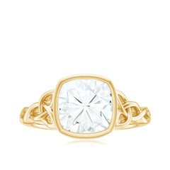 Cushion Cut Moissanite Solitaire Celtic Knot Ring in Bezel Setting