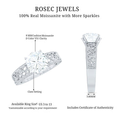 8 MM Cushion Cut Moissanite Engagement Ring with Filigree Details