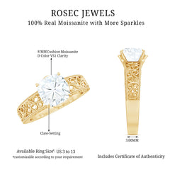 8 MM Cushion Cut Moissanite Engagement Ring with Filigree Details