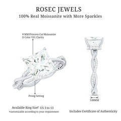 8 MM Certified Princess Cut Moissanite Engagement Ring with Hidden Halo