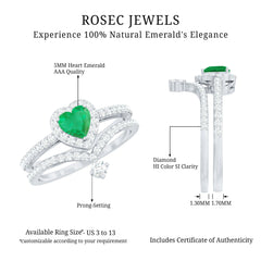 Real Emerald and Diamond Heart Wedding Ring Set with Certificate