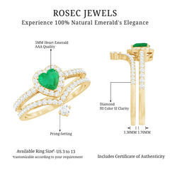 Real Emerald and Diamond Heart Wedding Ring Set with Certificate