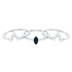 Marquise Blue Sapphire Solitaire Ring Set of 3 with Diamond
