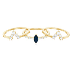 Marquise Blue Sapphire Solitaire Ring Set of 3 with Diamond