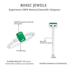 Natural Emerald Cut Emerald Engagement Ring with Diamond Side Stones