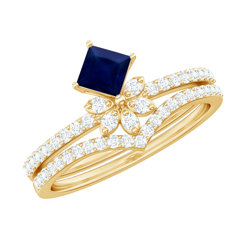 Princess Cut Solitaire Blue Sapphire and Diamond Designer Ring Set