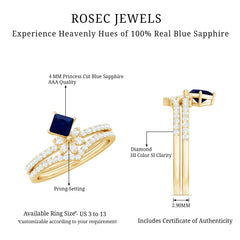 Princess Cut Solitaire Blue Sapphire and Diamond Designer Ring Set